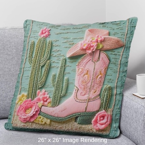 Pink Cowgirl Boot Pillow: Cactus Floral Western Throw Cushion image 12