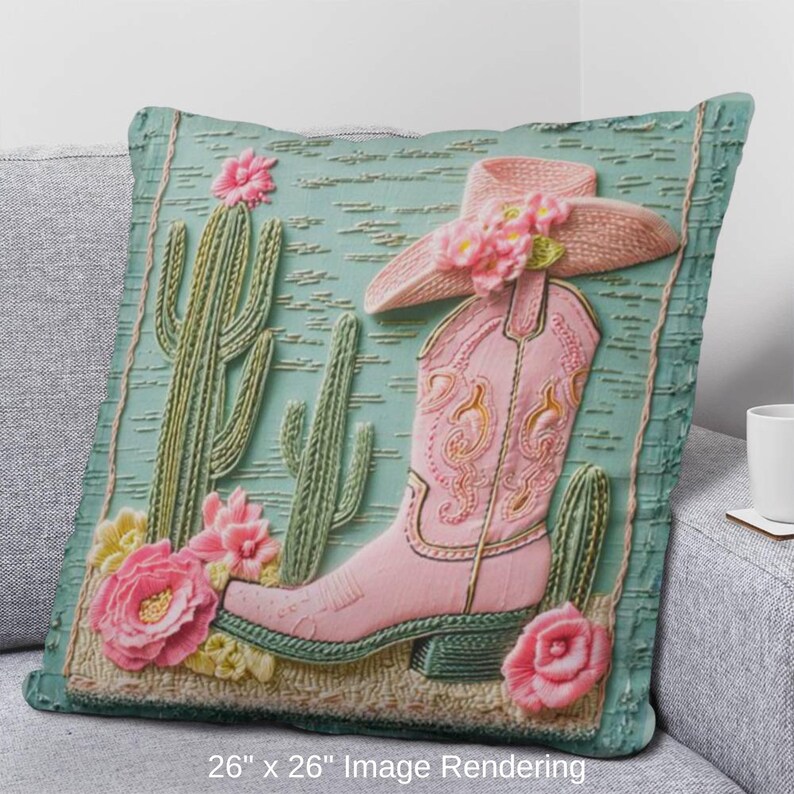 Pink Cowgirl Boot Pillow: Cactus Floral Western Throw Cushion image 12