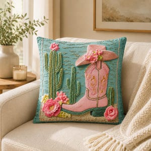 May include: A square throw pillow with a teal background featuring an embroidered design of a pink cowboy boot and a matching pink cowboy hat adorned with small flowers. Green cacti and pink desert flowers are stitched along the bottom edge.