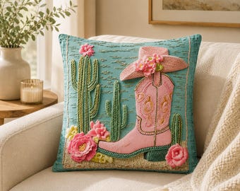 Pink Cowgirl Boot Pillow: Cactus Floral Throw Cushion, Western Farmhouse Decor, (Not Embroidered)