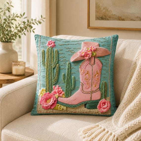 Pink Cowgirl Boot Pillow: Cactus Floral Throw Cushion, Western Farmhouse Decor, (Not Embroidered)