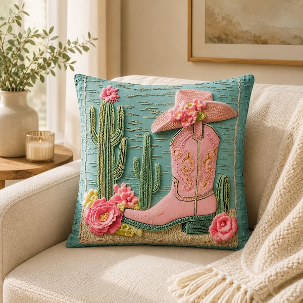 Pink Cowgirl Boot Pillow: Cactus Floral Western Throw Cushion
