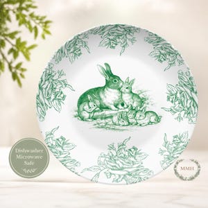 Può includere: Piatto in ceramica bianca con un'illustrazione verde di una famiglia di conigli e un bordo floreale. Il piatto ha il testo "Dishwasher Microwave Safe". Un oggetto decorativo per la cucina o la sala da pranzo.