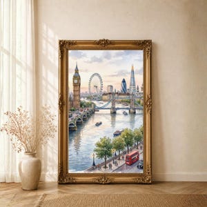 May include: A framed watercolor painting of the London skyline featuring Big Ben, the London Eye, Tower Bridge, and The Shard. The scene depicts the River Thames with boats, green trees along the embankment, and a red double-decker bus.