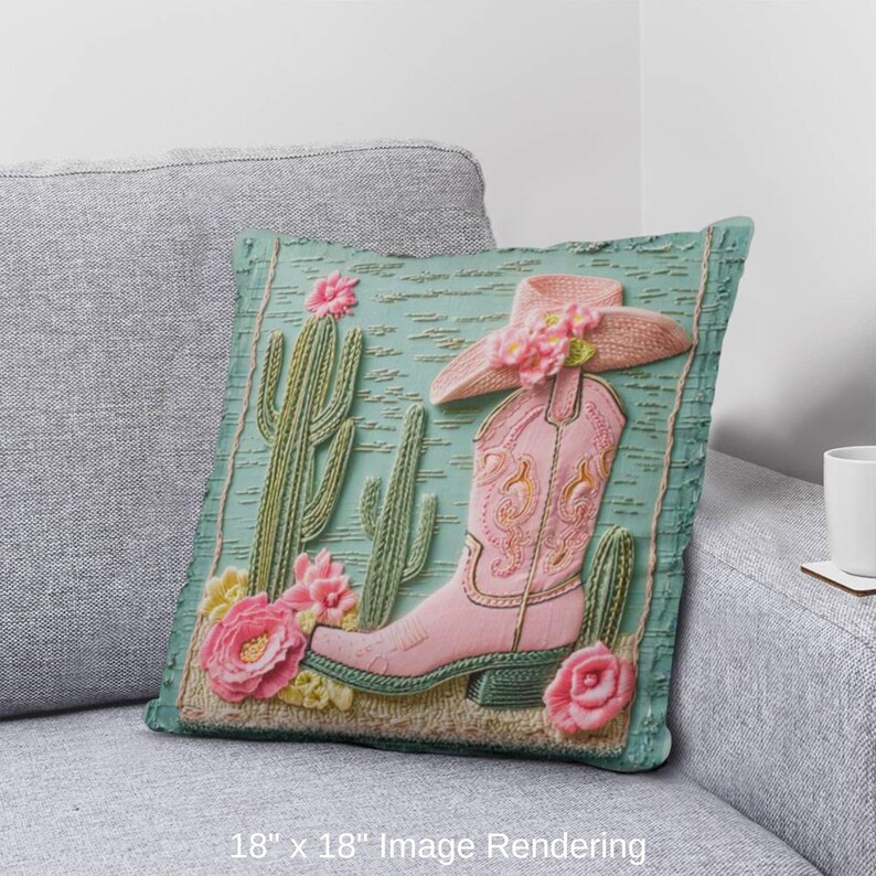 Pink Cowgirl Boot Pillow: Cactus Floral Western Throw Cushion image 10
