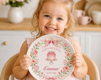 Piatto personalizzato per il compleanno dei bambini, piatto infrangibile per neonati, targhetta personalizzata con nome floreale, regalo di compleanno per bambina