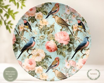 Franse landelijke serveerborden: servies met roze roos, blauwe botanische gerechten, servies in cottage-stijl (polymeer)