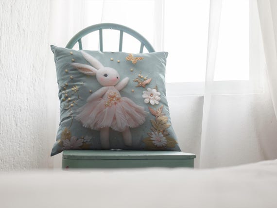 Ballerina Bunny Pillow: Ballet Nursery Decor, Bunny Girl's Room Design, Flat 2D Print