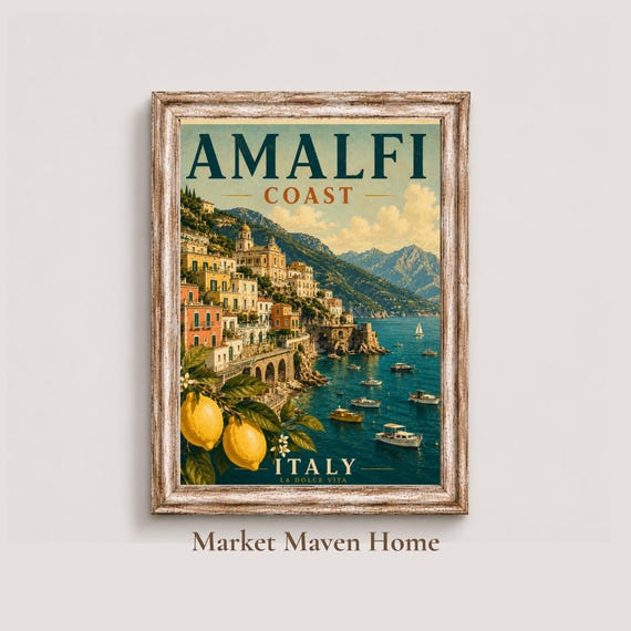 Amalfi Coast Print: Vintage Italy Travel Poster, Mediterranean Coastal Wall Artwork, Unframed