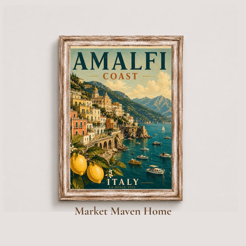Amalfi Coast Print: Vintage Italy Travel Poster, Mediterranean Coastal Wall Artwork, Unframed image 1