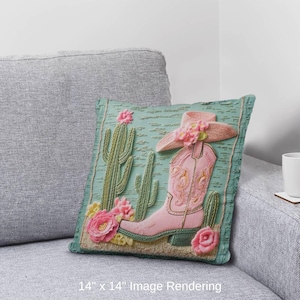 Pink Cowgirl Boot Pillow: Cactus Floral Western Throw Cushion image 8