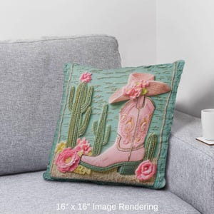 Pink Cowgirl Boot Pillow: Cactus Floral Western Throw Cushion image 9