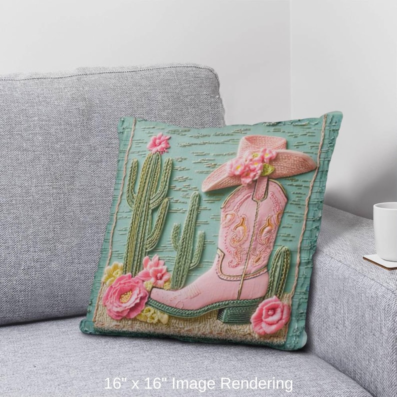 Pink Cowgirl Boot Pillow: Cactus Floral Western Throw Cushion image 9