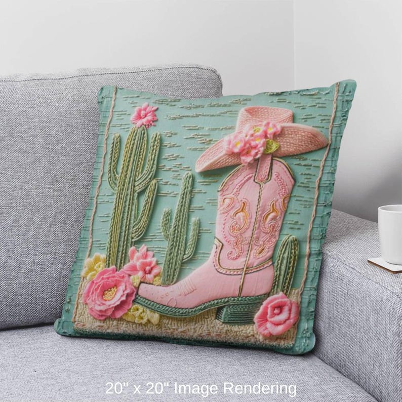 Pink Cowgirl Boot Pillow: Cactus Floral Western Throw Cushion image 11