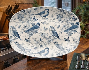 Toile-serveerschaal Bluebird Blossom: blauwe chinoiserie met bloemenvogelontwerp, servies voor binnen en buiten (polymeer)
