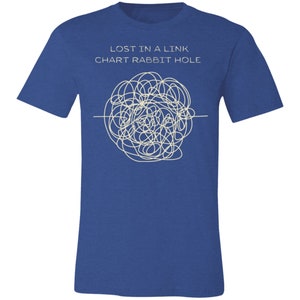 May include: A royal blue t-shirt with the text "LOST IN A LINK CHART RABBIT HOLE" and a white line drawing of a tangled mess of lines.