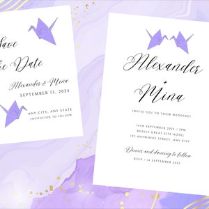PURPLE Crane Wedding Invitation & Save the Date Digital Editable Template