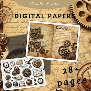 Kit de junk journal engrenages, papier numérique imprimable pour junk vintage steampunk,collage de scrapbooking ephemera vintage, carte atc