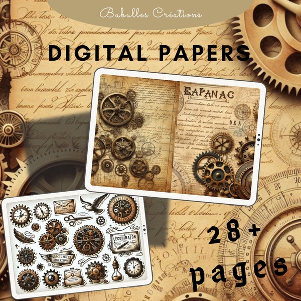 Kit de junk journal engrenages, papier numérique imprimable pour junk vintage steampunk,collage de scrapbooking ephemera vintage, carte atc