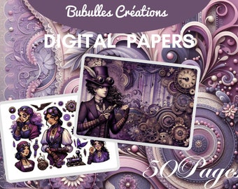 Kit de junk journal steampunk violet , papier numérique imprimable junk vintage,collage de scrapbooking éphéméra vintage, carte atc