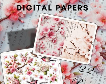 Kit de junk journal fleurs de cerisiers, papier numérique imprimable junk vintage,collage de scrapbooking éphéméra vintage, carte atc