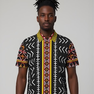 Mudcloth herenoverhemd met toghu-print: stretchstof met Afrikaans patroon, klaar voor verzending