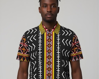 Mudcloth Toghu Print Mens Button-Up Shirt: African Pattern Stretch Fabric, Ready to Ship