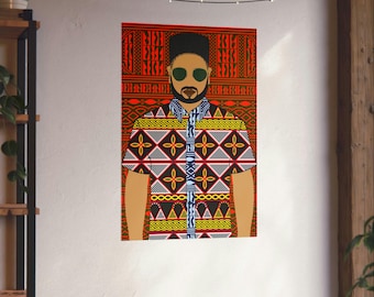Giclee Print African Poster, Phillipe in Yellow Toghu on Red Ndop, Vibrant Wall Décor, Perfect Art Gift