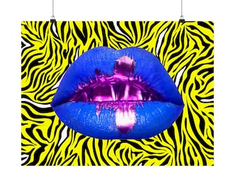 Lips Don&#39;t Lie(Blue) on Yellow Zebra Horizontal Matte Posters