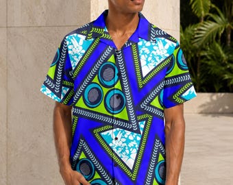 Cobalt Geometry Ankara Print Hawaiian Shirt | African Men's Resort Camp Collar Shirt