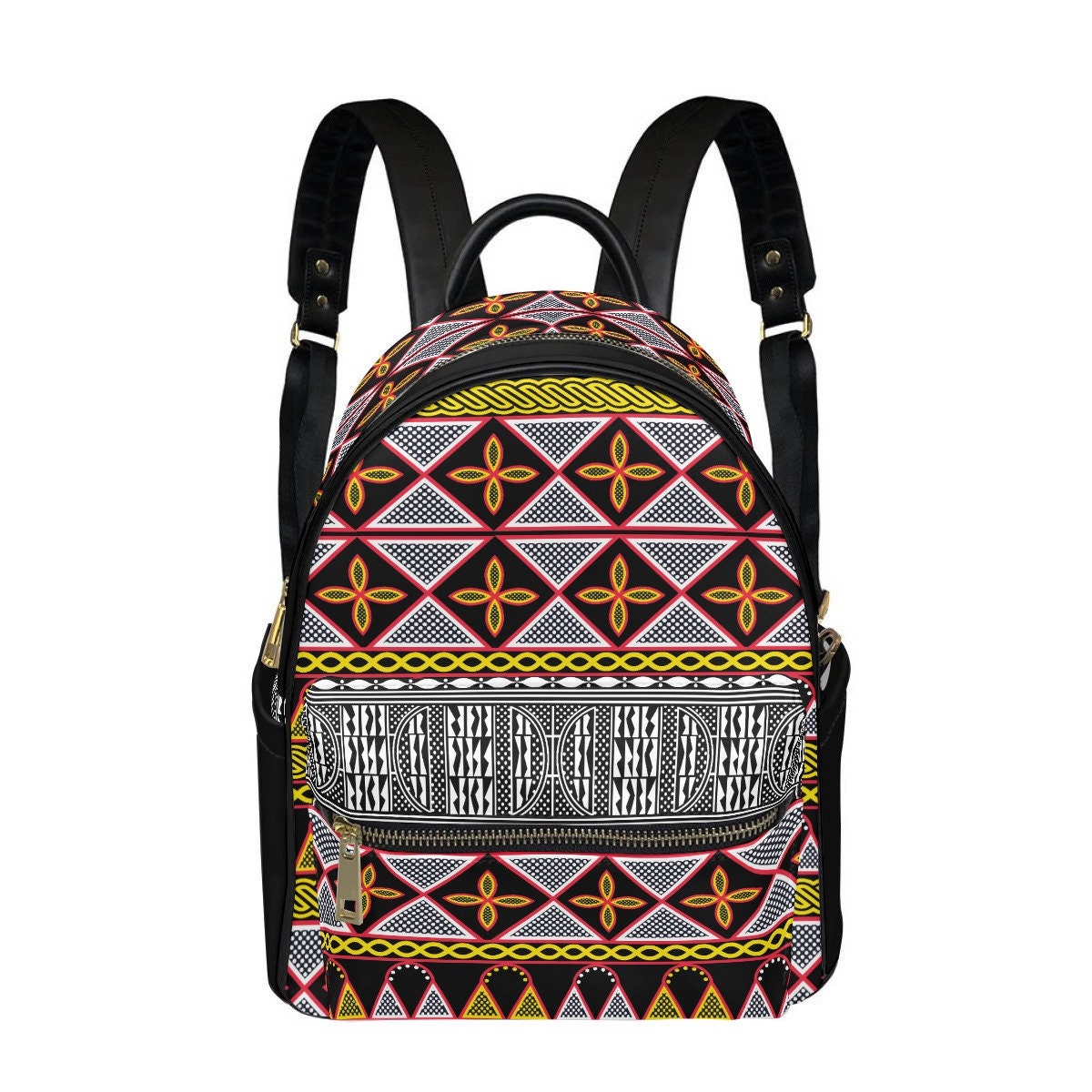 African Ankara Mudcloth Print PU Leather Backpack: Soft 