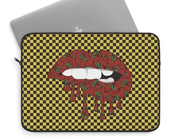 Red Floral Lips Laptop Sleeve: Yellow Checkers, Front Print