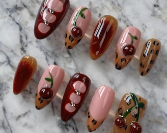 Handmade Red Cherry Leopard Stiletto Press On Nails, Trendy Nail Art