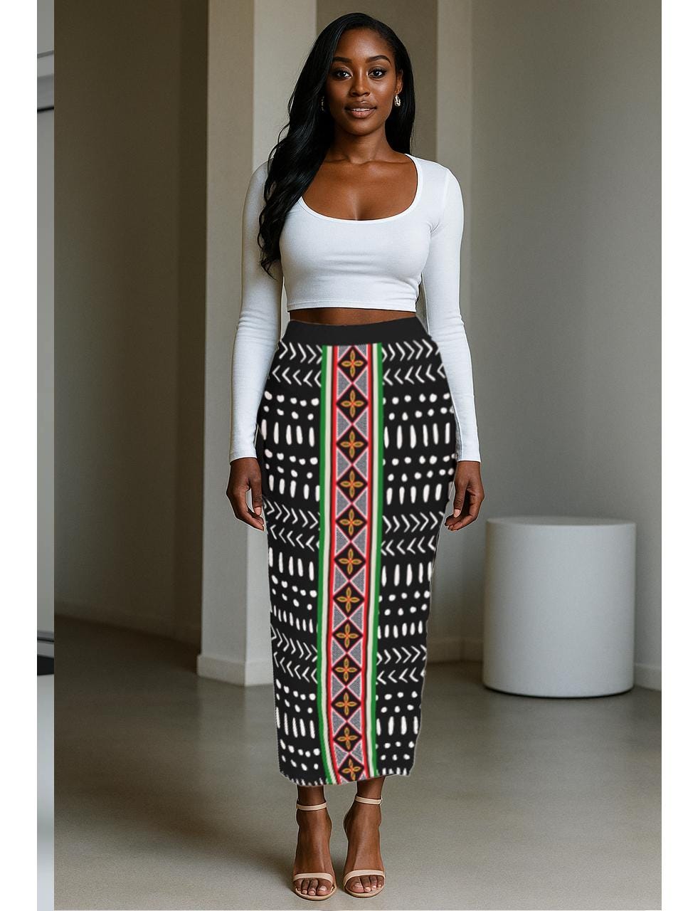 Bold African Print Long Side Slit Mudcloth w Toghu Strip Maxi Skirt for Women, Stretchy & Soft Fabric Everyday Comfort, Ready to ship