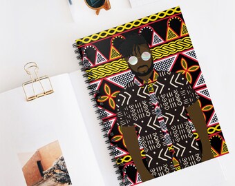 Pascale in Mudcloth on Yellow Toghu - Front Cover Spiral Notebook - Ruled Line