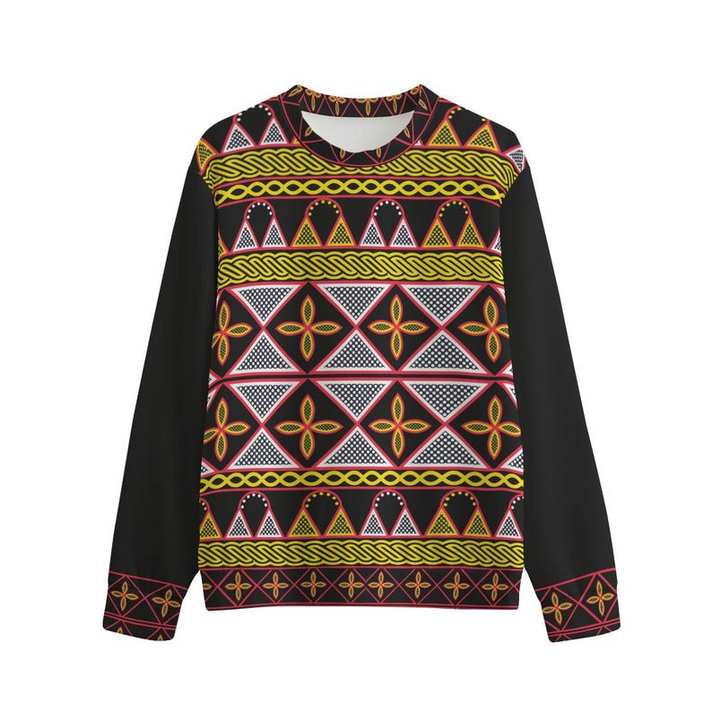 May include: Black long-sleeve sweatshirt with a vibrant geometric pattern. The pattern features yellow, red, and white shapes on a black background. The sleeves and neckline are solid black, with red and yellow accents.