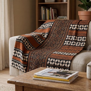 Manta de veludo com estampa de lama e búzios, estilo afrocentrado, decoração étnica para casa.
