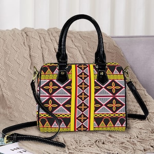 Sac en cuir Boston végétalien africain, motifs imprimés camerounais Toghu jaune - sac à main élégant, excellent cadeau pour elle, prêt à être expédié