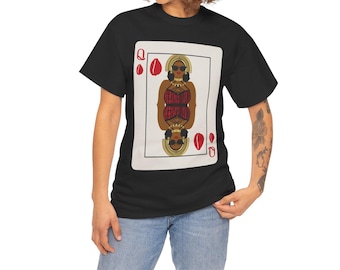May include: Black t-shirt featuring a playing card design with a queen illustration. The queen is depicted with sunglasses, a red and black bodice, and gold jewelry. The card has red suit symbols and the letter "Q".