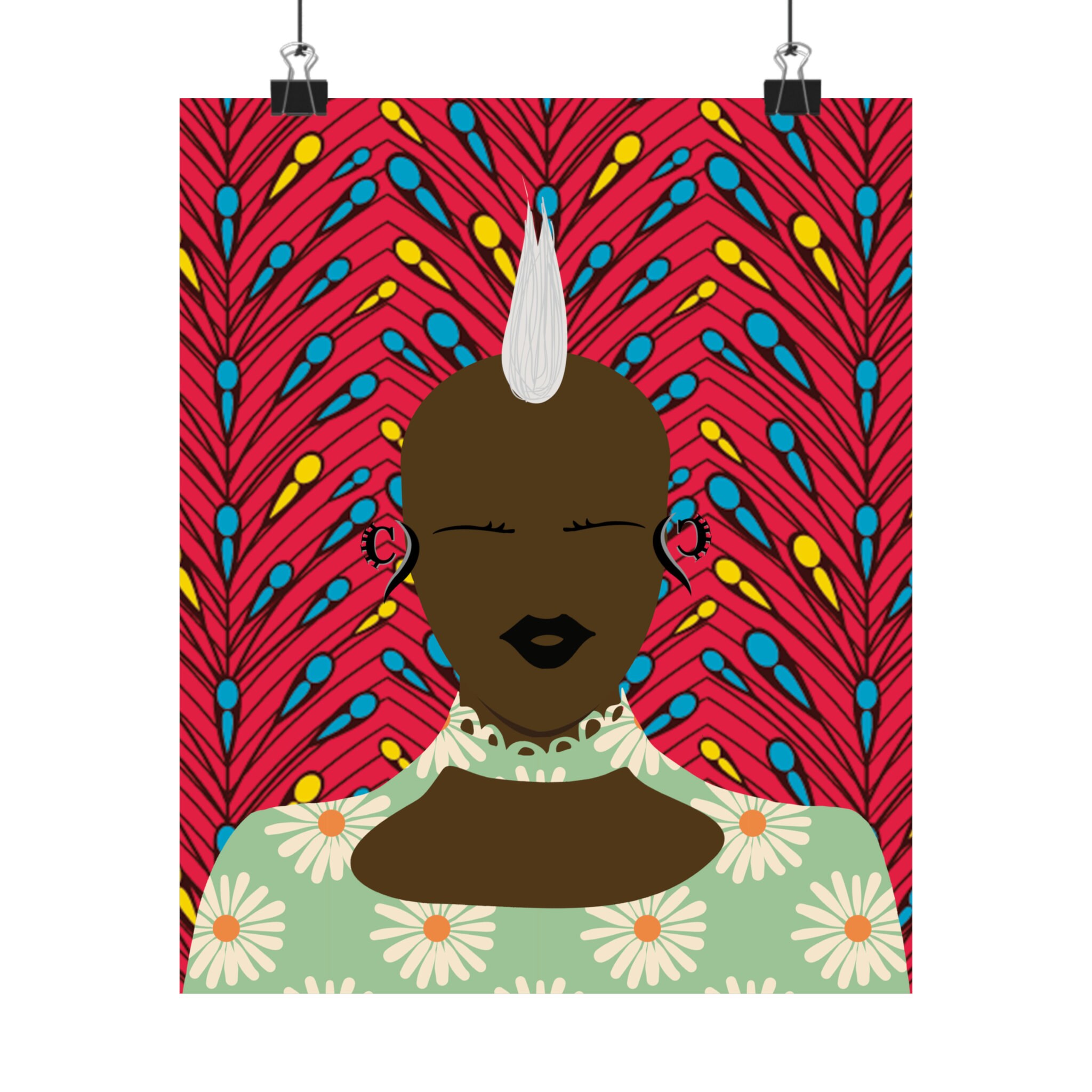 Giclee Print African Poster, Punk Black Girl on Peacock African Ankara Fabric Print, Premium Matte Art, Gift for Art Lovers
