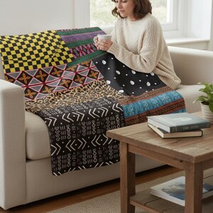 African Patchwork Print Velveteen Blanket: Ethnic Design Throw
