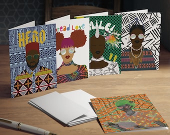 May include: Five greeting cards with colorful designs and text. The cards feature different people with bold hairstyles and colorful clothing. The text on the cards includes "Hero", "Spread Love", "Smile", and geometric patterns.
