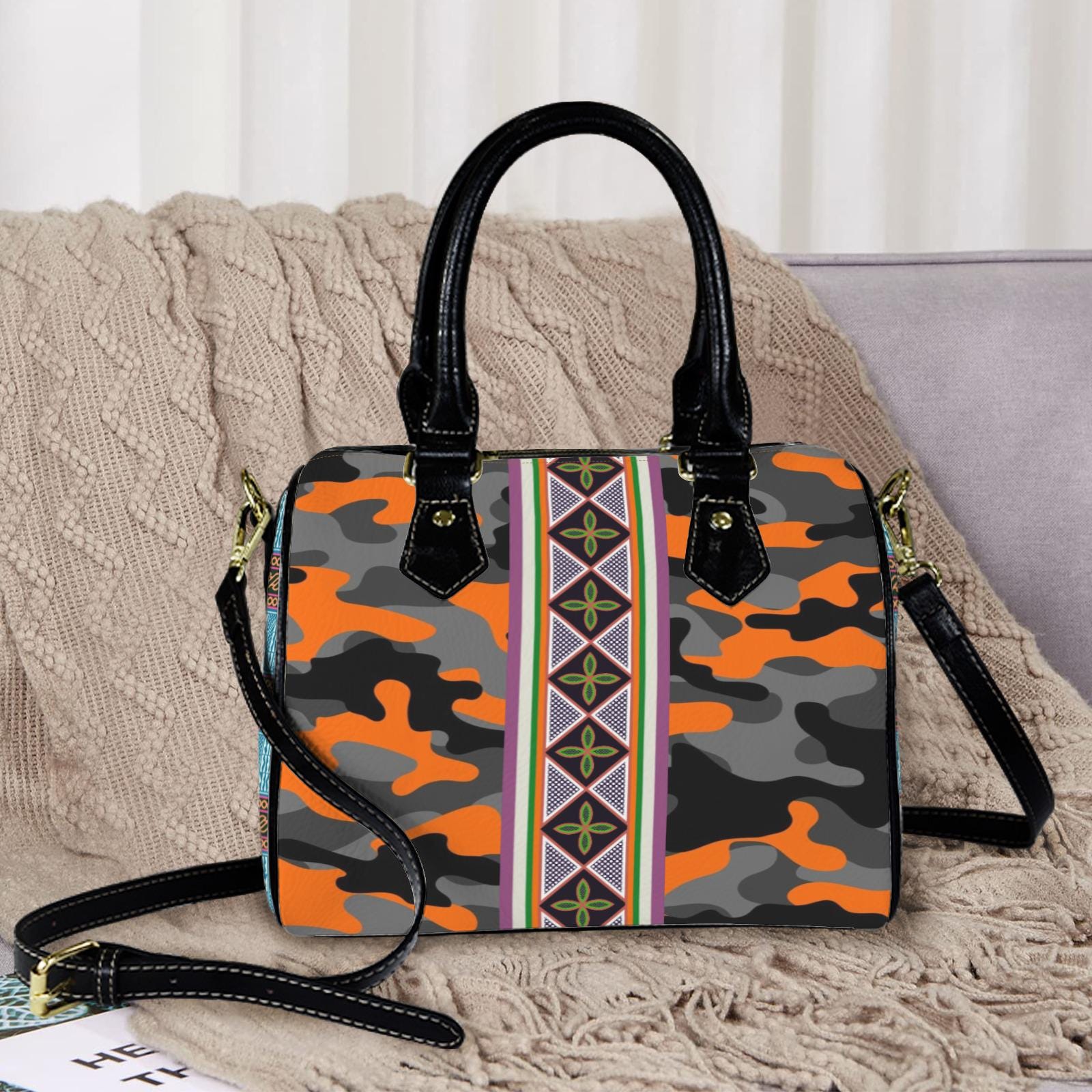 Vegan Leather Boston Bag, Camo & Plaid, Toghu Stripe