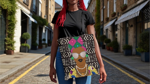 Sabi two sided Canvas Tote Bag, African Print Portrait Tote, Mudcloth and Headwrap Pattern