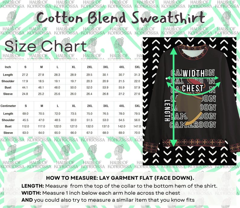 May include: Black cotton blend sweatshirt with a size chart and measurement instructions. The sweatshirt features a graphic with the text "CA WIDTHON LA CHESTN IAM JON CAMEROON". The size chart includes measurements in inches and centimeters.
