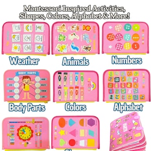 Pode incluir: Um conjunto de nove quadros de atividades educativas cor-de-rosa com atividades inspiradas no m&eacute;todo Montessori, formas, cores, alfabeto, clima, animais, n&uacute;meros, partes do corpo e tempo. Cada quadro inclui elementos interativos.