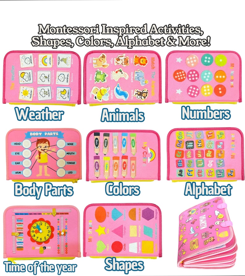 Pode incluir: Um conjunto de nove quadros de atividades educativas cor-de-rosa com atividades inspiradas no m&eacute;todo Montessori, formas, cores, alfabeto, clima, animais, n&uacute;meros, partes do corpo e tempo. Cada quadro inclui elementos interativos.