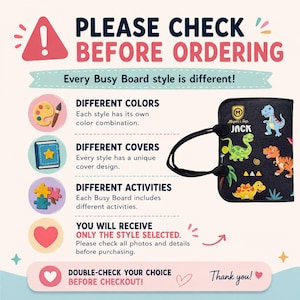Pode incluir: Um gr&aacute;fico informativo intitulado PLEASE CHECK BEFORE ORDERING com &iacute;cones de cores, capas e atividades. Apresenta um busy board preto com ilustra&ccedil;&otilde;es de dinossauros e o nome JACK, aconselhando os clientes a verificar o estilo selecionado.