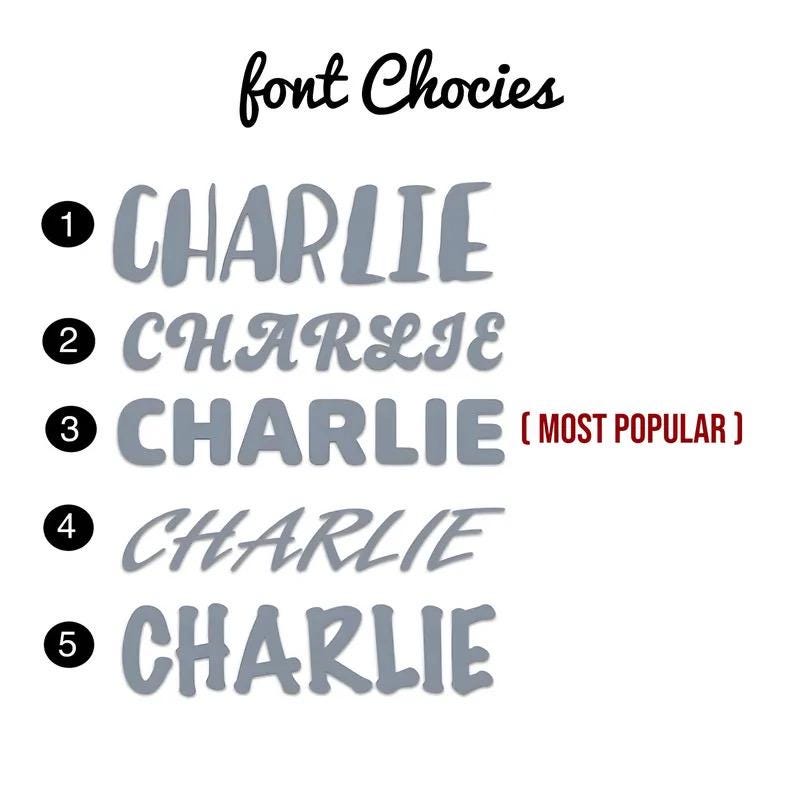 May include: Image showcasing five different font styles for the name "CHARLIE". The fonts are in a gray color, with the third option labeled "MOST POPULAR" in red. The text "font Chocies" is written in black cursive at the top.