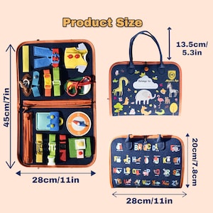 Pode incluir: Uma bolsa de atividades em feltro com fivelas, z&iacute;peres e bot&otilde;es de press&atilde;o. A bolsa aberta mede 45 cm por 28 cm. A bolsa fechada apresenta gr&aacute;ficos de animais e um alfabeto, mede 28 cm por 20 cm e 13,5 cm de altura com as al&ccedil;as.
